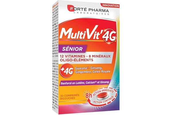Forté Pharma - Multivit' 4G Sénior | Complément Alimentaire Forme et Tonus 12 Vitamines et 8Minéraux - Renforcé en Ginseng, Luthéine et Calcium | 30 comprimés Bi-couches