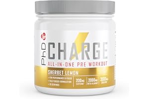 PhD Charge, All in One Pre Workout Powder with Creatine for Women and Men, Rich in Beta Alanine, High Caffeine for pre-Workout, Sherbert Lemon Flavour, 20 Servings Per 300g Bottle