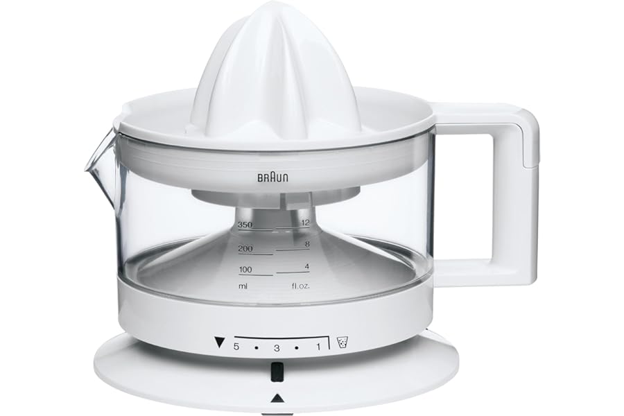 Braun House Hold CJ3000 Electric Citrus Press, 350 ml Bowl with Scale, Adjustable Pulp Control, Automatic Start/Stop, Cable Storage - White