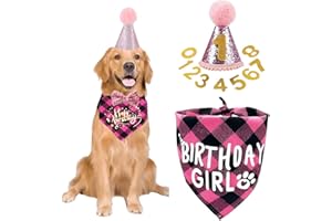 WUSJCOF Set Compleanno Cane 3 Pezzi, Bandana e Cappello con 8 Numeri Bling Adesivi, Regalo di Compleanno per Cani, Decorazioni per Festa di Compleanno Cane (rosa)