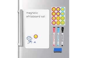 HautStore Lavagna Cancellabile Magnetica Bianca a Secco di A4（30x21 cm e 3 Pennarelli 1 Gomma,con 12pcs Emoticon Magnetico,per Frigo e Superfici Metalliche