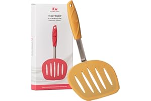 Spatola per pancake in silicone platinico Kitchen Mama WALTZGRIP: Resistente al calore, ampio nucleo in acciaio inossidabile con testa affusolata e scanalata, durevole (Giallo)