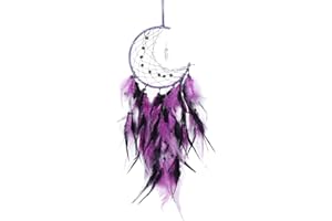 XDGBGFN Handmade Moon Dream Catcher with Crystal Pendant Colorful Feathers Wall Decorations for Bedrooms, Kids Room Accessories, Home Wall Decoration, Craft Gift (1, Purple, Medium)