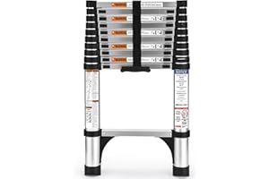 HBTower Telescopic Ladder with Non-Slip Feet, 3.2M/10.5FT Thickened High-Strength Aluminum Extendable ladders, Adjustable Height Collapsible Ladder for Caravans lofts, outdoors and Interiors,Silver