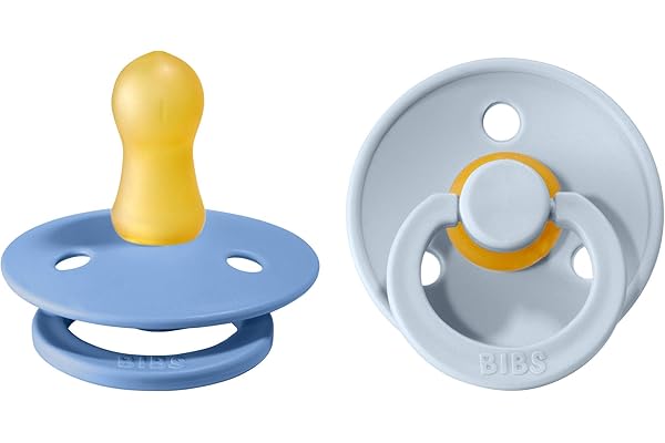 BIBS Colour Paquete de 2 chupetes. Libre de BPA, Tetina redonda. Látex natural, Talla 1 (0-6 meses), Sky Blue / Baby Blue