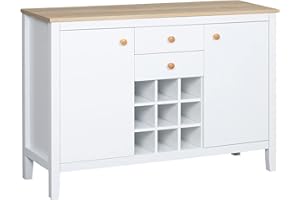 HOMCOM Aparador de Cocina con Botellero Aparador con 2 Cajones 2 Puertas Estantes Ajustables para 9 Botellas Buffet Auxiliar de Cocina para Comedor Salón 110x35x75 cm Blanco