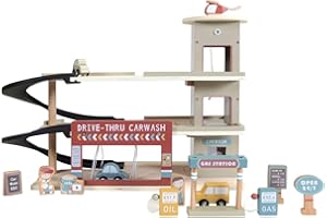 Little Dutch Parkhaus Parkgarage 3 Etagen aus Holz Spielset mit viel Zubehör - beige