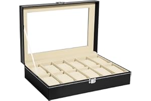 Uten Boîtes à montres à 12 emplacements, boîte à montres pour hommes, vitrine pour montres, boîte de rangement pour montres avec coussin amovible, fermoir en métal, cuir PU, noir/beige