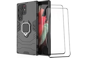 GOKEN Etui do Samsung Galaxy S23 Ultra 5G + 2 osłony ekranu, TPU/PC, odporne na wstrząsy etui na telefon z pierścieniem obracającym się o 360°, podpórka, wytrzymałe etui ochronne, czarne