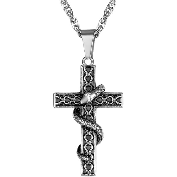 Bijou Masculin Acier Inoxydable Collier Gothique Acier Inoxydable COOLSTEELANDBEYOND - Pendentif Serpent Crâne Croix - Chaîne Blé 75cm - Homme Accessoire Gothique