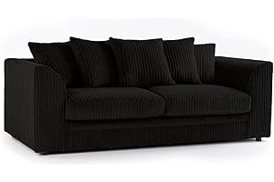 SOFASELECTIONUK LTD SofaSelection's Jumbo Cord Scatter Back 3-Seater Sofa Dylan Scatter Back 3 Seater Sofa in Black Soft Cord Fabric: Redesign Your Living Room for Superior Comfort and Style (Black, 3 Seater)