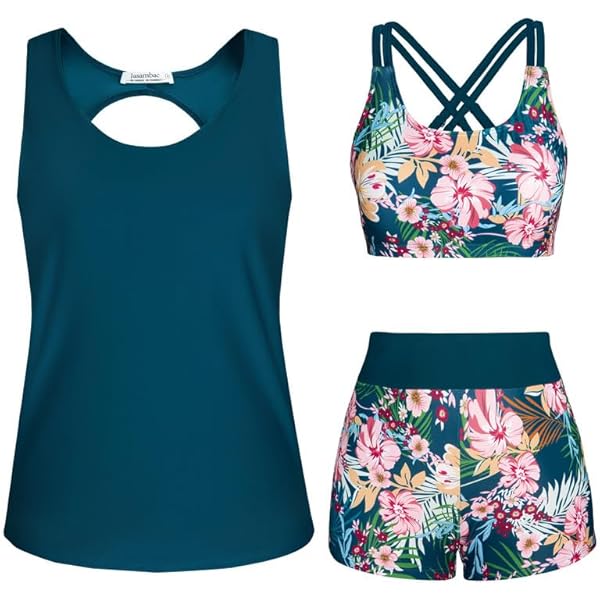 Genfien 2-delige tankini voor dames, badpakken, dubbele schouderbanden, bedrukte top met boyshort, badmode, badpak, M