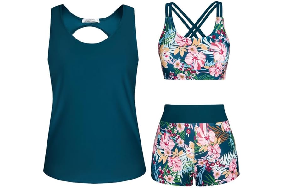 JASAMBAC 3 Piece Tankini Swimsuit for Women Swimwear Tank Top with Bikini Top Boyshort Set