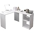 HWIN L-Shape Computer Desk with Shelves Storage, Wood Corner Office Workstation PC Gaming Study Table (White)