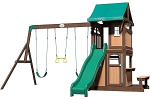 Backyard Discovery Lakewood Swing Set | Outdoor Play Equipment for Children, Wooden Climbing Frame, Garden Playground for Kids, 2 Belt Swings, Playhouse with 8ft. Slide | 100% Cedar Wood