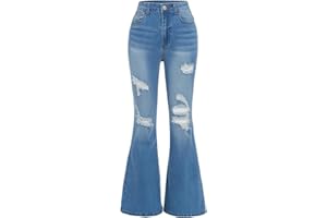 TYUSGH Flared Jeans for Teen Girls Ripped Denim Pants Vintage Elastic Waist Slim Fit Bootcut Trousers Bell Bottom for Age 7-12 Years