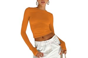 MAHUAOYIXI Maglietta a Manica Lunga Donna Sexy con Fori per i Pollici Crop Top in Pizzo Taglio Slim Aderente Shirt Corto Elegante