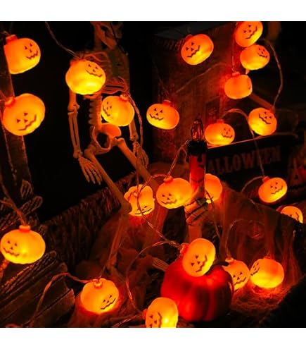 Luci Decorative Halloween – Stringa 3m Con 20 LED A Forma Di Zucca, Fantasma E Pipistrello. Alimentazione A Batteria, IP65.