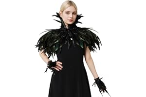WELLCHY Federkragen Schwarz Damen, Schwarzer Natürlicher Feder Cape, Black Swan Kostüm mit Feder Achselzucken und Feder Manschetten für Karneval, Gotische Kleiderparty (A)