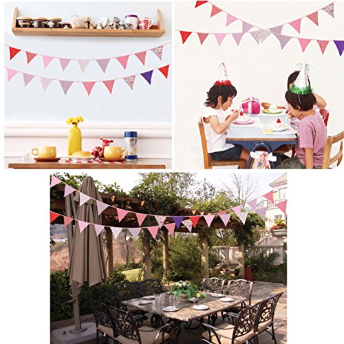 Fabric Bunting, Ndier Pink Flag Banner Vintage Floral Party Decor 32 Feet Double Sided Triangle Pennant Flag Shabby Chic Decoration for Valentine's Day Wedding Birthday Ceremony