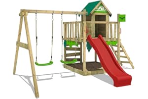 FATMOOSE Parque Infantil JazzyJungle Jam XXL con Columpio y Tobogán Rojo, Torre de Escalada para Niños al Aire Libre con Escalera para Arenero y Accesorios de Juego para el Jardín