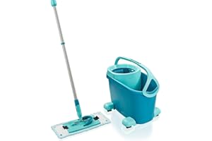 Leifheit Set Clean Twist M Ergo, lave-sol avec molleton ultra doux, seau essoreur et balai à plat essorage facile, balai serpillère microfibre, kit de lavage pour sols délicats, chariot à roulettes