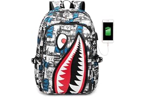 MAKINGTEC School Backpacks, Shark Bookbags Boys Schoolbag With USB, Unisex Kids Lightweight Water Resistant Backpacks, Schoolbag Made of Oxford Cloth as the Main Material