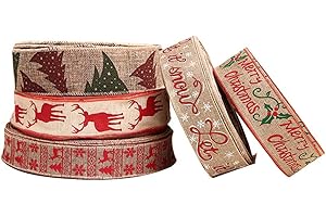 FEELAVA Wstążka bożonarodzeniowa, 5 rolek, 5 cm / 6 cm, len, drut, wstążka prezentowa, do dekoracji bożonarodzeniowych, majsterkowania, 2 m na rolkę