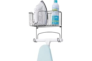 mDesign Wiszący uchwyt na żelazko i deskę do prasowania – Poręczny metalowy koszyk na akcesoria do prasowania – Wieszak na deskę do prasowania do zawieszenia na ścianie – Czarny mat