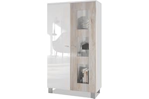 Vladon Vitrine Denjo, Standvitrine mit 2 Türen und 3 Glaseinsätzen, Weiß matt/Weiß Hochglanz/Eiche Nordic (71 x 129 x 35 cm)