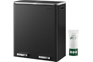 SONGMICS Poubelle Cuisine Tri Sélectif 2 x 30L, 2 Seaux en Plasatique, avec 15 Sacs Poubelles, Pédales en Métal, Couvercles, Poignées, Fermeture en Douceur, Hermétique, Noir LTB60BK