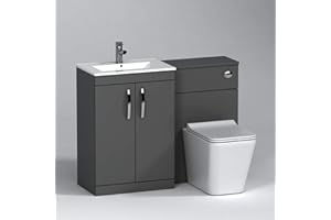 ROYAL BATHROOMS.CO.UK 1100mm Modern Indigo Grey Gloss Bathroom 2 Doors Minimalist Vanity Unit Basin Sink & Slim Elena Pan + Toilet Furniture Set