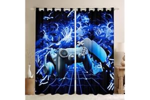 CTQTZ Gamer Vorhang Blickdicht mit Ösen Saphirblau Gamepad Spieler Game-Controller Vorhänge 2er Set H 175 x B 140 cm Blickdichte Gardinen Kurze Gardinen Kinderzimmer Schlafzimmer Ösenvorhang