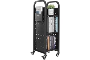 VEVOR Rolling Library Book Cart, 220 lbs Capacity, 12.6 x 13.8 x 36.8-Inch Library Cart, Single Sided L-Shaped Shelves with 2-Inch Lockable Wheels, Book Truck for Home Shelves Office and School, Black