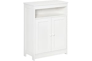 HOMCOM Armario Auxiliar de Baño con 2 Puertas Estante Interior Ajustable y Compartimento Abierto Mueble de Baño para Salón Cocina 60x30x80 cm Blanco