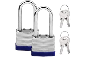 Cyleibe 2 Pack Pad Lock, Long Shackle Heavy Duty Padlock with Key, Weatherproof Laminated Padlock for Outdoor Use, Shed, Garage, Fence