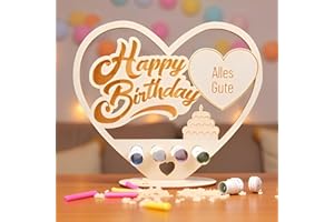 packra Geldgeschenk Geburtstag Herzform, Geldgeschenke Geburtstag Holz-Schild Gästebuch für 10-90 Jahre, Geburtstag Geschenk mit Happy Birthday Kuchen, Personalisierbares Geschenk Geburtstag Deko