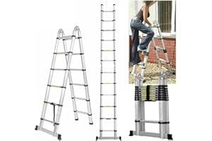 RIGOGO Folding Ladder Stainless Steel Telescopic Ladder 6.2ft+6.2ft Extendable Loft Ladder 330LB Capacity, Lightweight Multipurpose Extension Attic Ladder A-Frame for Indoors & Outdoors, Easy to Carry