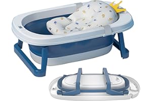 Sinbide Bañera Plegable para Bebé Recién Nacido con Soporte del Asiento Bañera de Niños con Temperatura Inteligente Cojín Cómodo Portátil Lavabo para Bebes Alfombrilla Antideslizante (Azul)