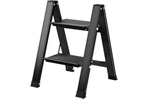 KULACO Escalera Plegable de 2 Peldaños Taburete Aluminio, Escalera de Tijera con Pedal Ancho Antideslizante, Escalerilla Multiusos de hasta 150 kg, Escalera de Mano Pequeñ Negro