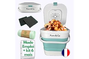 PURE & CO Pure&Co -Composteur Cuisine Pliable 4L -Poubelle Compost Table Déchet Alimentaire -Anti Odeur Couvercle+Filtre-Bioseau -Appartement Petit Plan Travail -Jardin -Recyclage -Kit Démarrage Offert