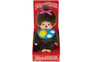 Sekiguchi 233748 - Original Monchhichi Mädchen Sleepy, Plüschfigur mit blauem Lätzchen und Zopf mit pinker Schleife, ca. 20 cm großes Kuscheltier aus braunem Plüsch, Braun