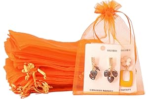 POPOYU 100 Pezzi Sacchetti Organza,7 * 9cm Arancione Sacchetti Organza Regalo,Borse Organza con Coulisse,Sacchetti Confetti per Bomboniere,Matrimonio,Caramella,Gioielli