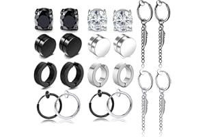 VELESAY 10Paia Magnetici Orecchino Finto in Acciaio Inossidabile Cerchio Orecchino CZ Calamita Cerchio Orecchino Non Piercing Piume Orecchino Uomo Nero Set