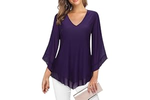 Gemulate Womens Tops Ruffle 3/4 Sleeve Blouses for Women UK Loose Flowy Ladies V Neck Chiffon Tunic Tops Double Layers Mesh Shirts