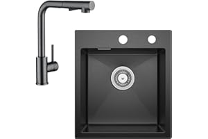 Fregadero de acero inoxidable 40 x 45 cm antracita + grifo de cocina extensible, juego completo de fregadero de cocina CECIPA cuadrado empotrable pequeño para armario bajo de 40 cm