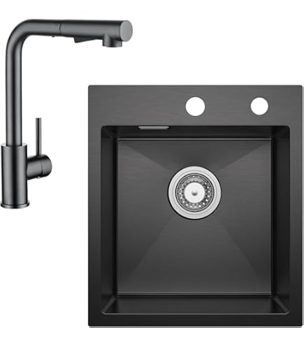 Fregadero De Cocina Negro De Un Tazón – Acero Inoxidable 304, 45x38x22 Cm, Con Tapa Y Sifón Integrado