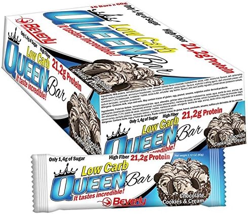 Beverly Nutrition Exclusive For ABSat40 Low Carb Queen Bar - Increases lean muscle mass - Improves muscle definition,energy, strength and endurance - Box of 15 bars of 60 gr each (Chocolate Cookies & Cream)