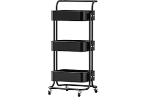 FUREINSTORE Carrito Auxiliar con Ruedas, Carro Organizador Metalico 3 Niveles Multiuso para Cocina, Baño, Dormitorio, Oficina, Fácil de Mover y Montar (Negro)