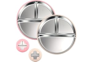 Cosmeria 2 Piezas Plato Infantil con Ventosa, Plato para bebé de Acero Inoxidable con divisiones, Libre de BPA para bebés y niños pequeños, Apto para lavavajillas (Amarillo+Rosa)